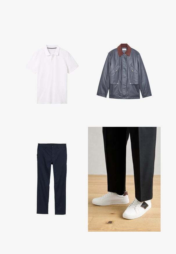 Jachetă impermeabilă gri cu guler de catifea maro, având două buzunare frontale și închidere cu nasturi. Textură netedă și croială lejeră.; TOM TAILOR BASIC WITH CONTRAST - Bluză polo - white; Pantaloni ușori de culoare albastru închis, cu o textură netedă, design cu picioare drepte, închidere cu nasture și buzunare laterale.; Sneakers albe cu textură netedă, având accente din piele maro și detalii negre, asociate cu pantaloni negri pe măsură. Fundal din podea din lemn.