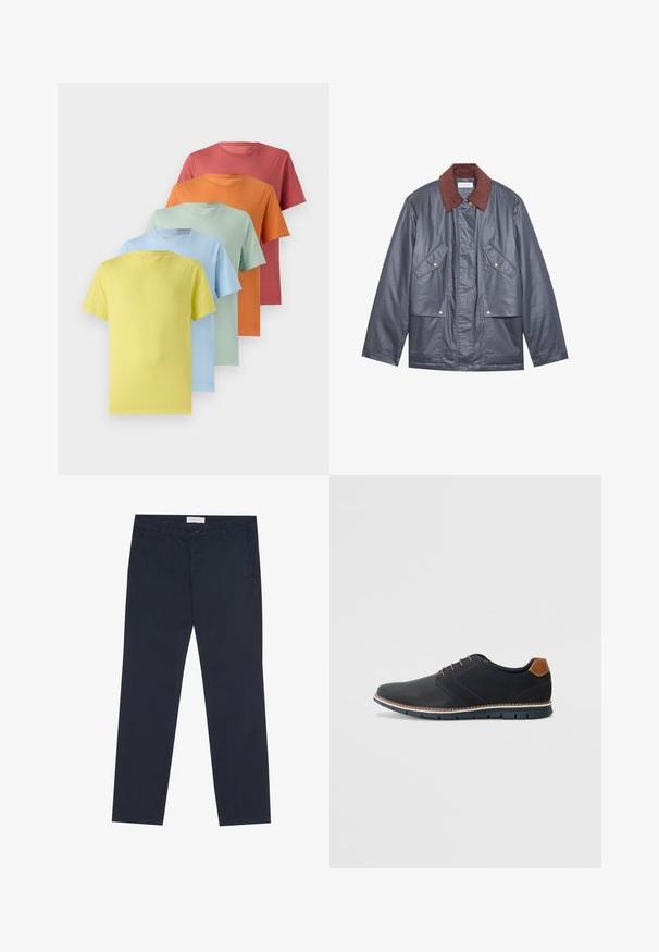 Grijze waterdichte jas met een bruine corduroy kraag, voorzien van twee voorkoffers en een knoopsluiting. Zachte textuur en ontspannen pasvorm.; Vijf T-shirts met korte mouwen in een gradient: geel, lichtblauw, mintgroen, oranje en koraal. Zacht stof met een ronde halsontwerp.; Marineblauwe chino's van katoen met een gladde textuur, voorzien van een ritssluiting, riemlussen en zijzakken voor functionaliteit.; Zwarte synthetische schoenen met een gestructureerde bovenkant, gladde accenten, bruine hak en een contrasterende zool. Bevat minimale veters en stikdetails.