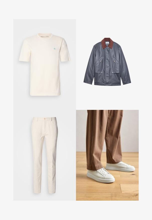 Grå vanntett jakke med brun kordfløyelskrage, med to frontlommer og knappelukking. Glatt tekstur og avslappet passform.; Kremfarget bomullst-skjorte med korte ermer, rund hals og et lite blått emblem på venstre bryst. Myk tekstur og avslappet passform.; Lys beige, skreddersydde bukser laget av mykt stoff. Har knappelukking, beltehemper, og en slank, rett ben-design med minimal tekstur.; Person som har på seg hvite teksturerte lave sneakers og løse brune bukser, stående på lyst tregulv.