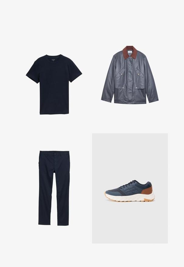 Halli veekindel jakk pruuni veliurist kraega, millel on kaks esist pocketit ja nööbilukuga sulgemine. Sile tekstuur ja mugav lõige.; Tumed sinepükest t-särk, lühikeste varrukatega, ümmargune kaelus, sile tekstuur, lihtne disain, mustrid ja aksessuaarid puuduvad, sirge äär.; Tumed sinine kerged püksid, millel on sile tekstuur, sirge sääre disain, nööbiga sulgemine ja küljetaskud.; Tumedat sinised spordijalatsid pruuni kontsaga aksendiga, tekstureeritud võrgupinna, pehmendatud krae ja valge kummitald, millel on mustriline tallapind.