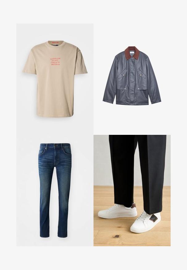 Gray waterproof jacket with a brown corduroy collar, featuring two front pockets and a button closure. Smooth texture and relaxed fit.; Beige cotton t-shirt with a crew neck, short sleeves, and red printed text: "SCOTCH & SODA ART DEPT. CLASS OF '85 AMSTERDAM."; Dark blue denim jeans with a slim fit, featuring five pockets, a front button closure, and a subtle faded texture on the legs.; White sneakers with smooth texture, featuring brown leather accents and black detailing, paired with black tailored pants. Wooden floor background.