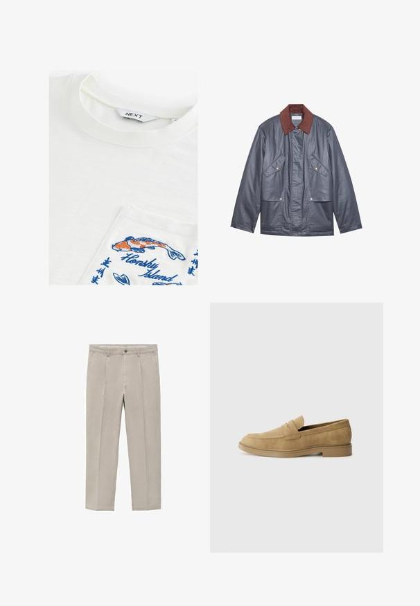 Chaqueta impermeable gris con un cuello de pana marrón, cuenta con dos bolsillos frontales y cierre de botones. Textura suave y corte relajado.; Camiseta blanca de cuello redondo, con un bolsillo bordado con coloridos peces koi y el texto "Honsky Island" en azul. Textura suave.; Pantalones beige claro hechos de una mezcla de algodón, con un diseño de pierna recta, pliegues frontales, cierre de botón y bolsillos laterales.; Mocasines de ante en tono marrón claro con punta redondeada, tacón bajo y detalles de costura en la parte superior. Textura suave y diseño minimalista.