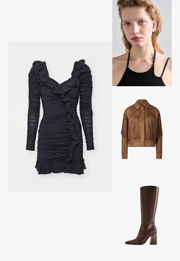 Brun mockaskinnsjacka med kort längd som har långa fransdetaljer längs ärmarna och axlarna, samt en klassisk krage och ribbade mudd.; Svart klänning med långa, volangärmar och en volangkrage. Har en samlad textur och en kroppsnära design med en fransad fåll.; Brun knähög läderstövel med spetsig tå och grov medelhög klack, visad i sidoprofil mot vit bakgrund.; Guldkedja med dekorativa metallblommor och accenter, bärs över en svart linne, vilket framhäver dess design och textur.
