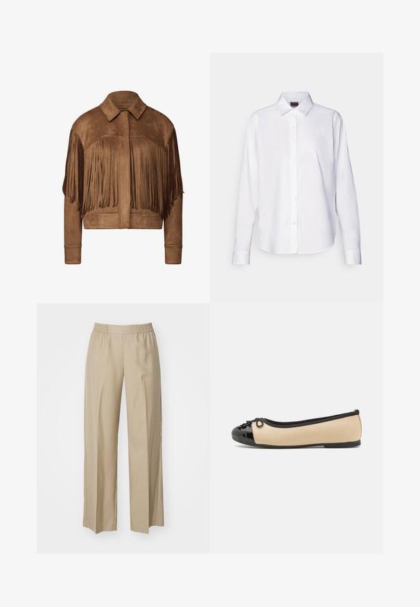 Hnědý zamšový cropped kabát s dlouhými třásněmi podél rukávů a ramen, s klasickým límcem a žebrovanými manžetami.; Bílé košile s dlouhými rukávy, zapínání na knoflíky, vyrobené z bavlny. Má klasický límec a diskrétní vyšívané logo na hrudi. Hladká textura.; Béžové kalhoty s širokým střihem vyrobené z měkké látky; mají elastický pas se sklady; minimalistický design bez kapes.; Baletní baleríny s béžovým koženým svrškem a lesklou černou lakovanou špičkou. Na přední části mají malou mašličku. Rovná podešev.