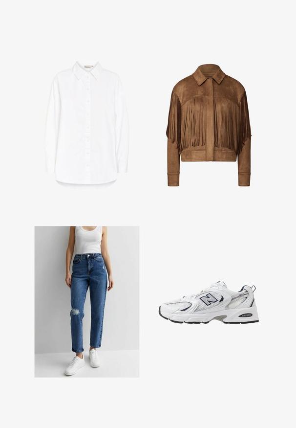 Brown suede cropped jacket featuring long fringe details along the sleeves and shoulders, with a classic collar and ribbed cuffs.; White button-up shirt with a point collar, long sleeves, and a curved hem. Made from a smooth, lightweight fabric. Subtle sheen.; Blue high-waisted denim jeans with a relaxed fit, featuring distressed areas on the knees and finished with a classic five-pocket design.; White athletic shoe with mesh upper, navy accents, and cushioned sole. Features "N" logo, laces, and textured detail on side.