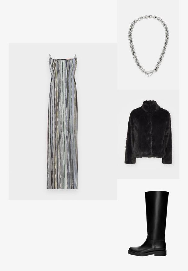 Vero Moda VMMONROE SHORT JACKET - Zimní bunda - black; Dlouhá, přiléhavá šaty s jemnými vertikálními pruhy v různých barvách. Materiál vypadá leskle, s tenkými ramínky a rovný výstřih.; Černá kožená vysoká bota s hladkým povrchem, zaoblenou špičkou, decentním designem a nízkým blokovým podpatkem. Žádné viditelné kovové prvky ani vzory.; Stříbrný řetízek s náhrdelníkem, který se skládá z propojených kulatých oček a leštěného srdcového akcentu uprostřed. Zahrnuje bezpečné zapínání.