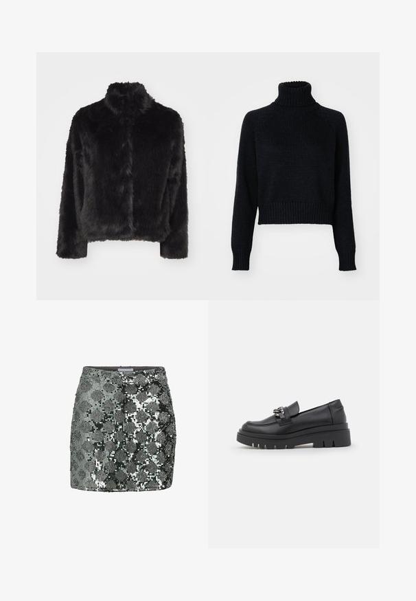 Vero Moda VMMONROE SHORT JACKET - Žieminė striukė - black; Tamsiai megzta turtleneck tipo megztinis su trumpa forma, turintis nertus rankogalvius ir apatinę dalį bei tekstūruotą audinį visame paviršiuje.; Metallic pilkos spalvos mini sijonas, padengtas blizgančiomis pailgomis detalėmis, su geometriniu raštu ir prigludusia siluetu. Glotni tekstūra su juosmeniu.; Juodos mokasinos su masyviu platforminiu padu, lygiu odiniu paviršiumi, dekoratyviniu grandininiu akcentu ir nedideliu kulniuku su įpjova.