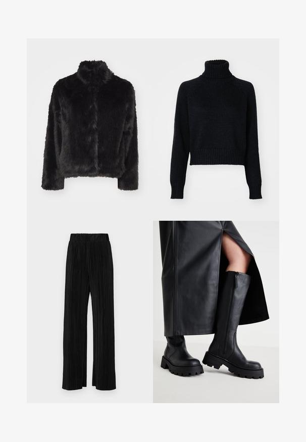Vero Moda VMMONROE SHORT JACKET - Vinterjakker - black; Mørk strikket turtleneck sweater med et cropped design, der har ribbede manchetter og kant, samt en tekstureret vævning gennem hele. ; Sorte plisserede bukser med elastisk talje. Har brede ben og et glat, tekstureret stof med lodrette striber.; Sorte knæhøje støvler med en kraftig sål, glat lædertekstur, sidezipper og minimalistisk design, parret med en sort nederdel med slids.