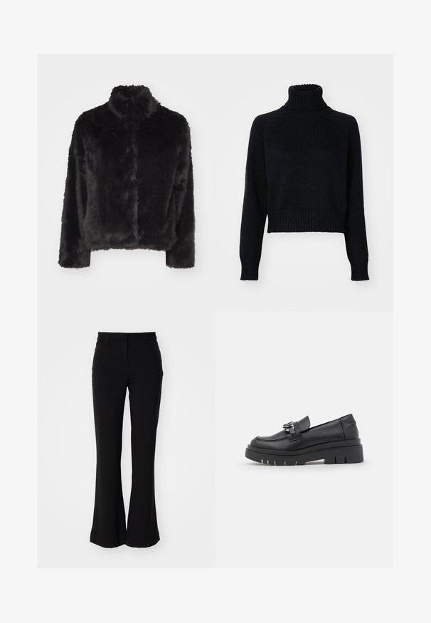 Vero Moda VMMONROE SHORT JACKET - Chaqueta de invierno - black; Suéter de cuello alto de punto oscuro con un diseño recortado, que presenta puños y dobladillo acanalados, y una textura tejida en todo su cuerpo.; Pantalones negros acampanados con una tela suave, cinturilla de altura media y bolsillos laterales, que muestran un diseño elegante y un ajuste a medida.; Zapato estilo mocasín negro con suela de plataforma gruesa, parte superior de cuero liso, detalle decorativo de cadena y un ligero tacón con detalle muescado.
