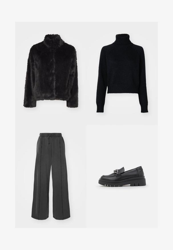 Vero Moda VMMONROE SHORT JACKET - Ziemas jaka - black; Tumša adīta ķīļa kreklā ar īsu dizainu, ar ribotām aprocēm un apakšmalu, kā arī ar teksturētu audumu visā virsmā.; Plati melni bikses, izgatavotas no mīksta materiāla ar elastīgu jostasvīru un auklu. Iezīmē kontrastējošas šuves gar sānu šuvēm.; Melna loafer stila kurpe ar masīvu platformas zoli, gludu ādas augšdaļu, dekoratīvu ķēdes akcentu un nelielu papēdi ar iegriezumu.