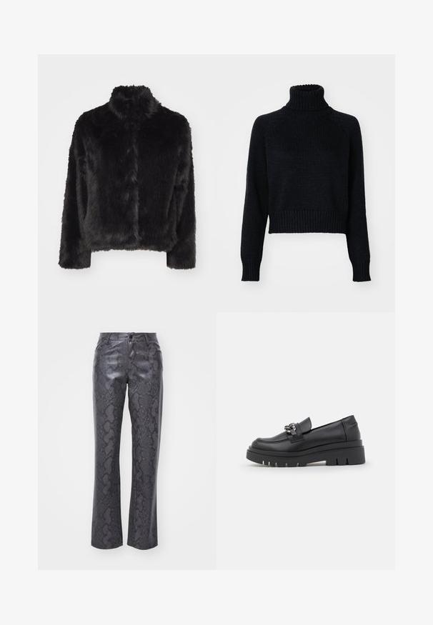 Vero Moda VMMONROE SHORT JACKET - Winter jacket - black; Dark knitted turtleneck sweater with a cropped design, featuring ribbed cuffs and hem, and a textured weave throughout.; Faux leather pants in dark gray with a snake print pattern. Features a front button closure, straight legs, and classic five-pocket design.; Black loafer-style shoe with a chunky platform sole, smooth leather upper, decorative chain accent, and slight heel with notched detail.