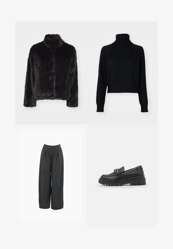 Vero Moda VMMONROE SHORT JACKET - Casaco de inverno - black; Suéter de gola alta tricotado escuro com design cropped, apresentando punhos e bainha com nervuras, e uma trama texturizada por todo o seu comprimento.; Calças de perna larga em cinza escuro, com cintura alta, pregas frontais e textura de tecido suave. Design moldado com um ajuste solto.; Shoe preto estilo loafer com sola de plataforma robusta, parte superior em couro liso, detalhe decorativo em corrente e um leve salto com detalhe escavado.