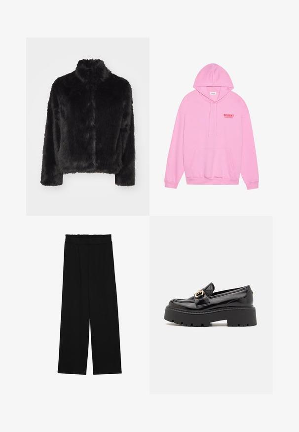 Vero Moda VMMONROE SHORT JACKET - Veste d'hiver - black; Sweat à capuche rose en tissu doux, doté d'une poche frontale, d'un cordon de serrage et de l'inscription "DELIGHT" en rouge sur la poitrine.; Pantalons larges noirs à taille volante, dotés de deux poches latérales et d'un tissu lisse et léger. Pas de motifs ni de matériel visible.; Steve Madden OCCUPY - Chaussons - black