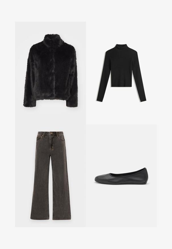 Vero Moda VMMONROE SHORT JACKET - Talvitakki - black; Musta, ribattua pooloneule pitkähihaisilla ja lyhennettyä mallia. Pehmeä tekstuuri ja vartaloa myötäilevä silhouette.; Laivahousut tummanharmaasta denimistä. Ominaisuuksiin kuuluu korkea vyötärö, viisi taskua ja erottuva kultainen ommel. Huomaamaton kuluminen antaa teksturoidun ilmeen.; Musta nahkainen ballerina, jossa on pyöristetty kärki, sileä pinta, minimaalinen ommelkoristelu ja joustava pohjamuotoilu.