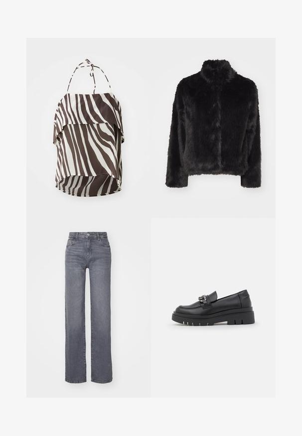 Vero Moda VMMONROE SHORT JACKET - Vinterjakke - black; Brun og krem off-shoulder topp med zebra striper mønster, laget av lett stoff, med justerbare knytestriper og en svingete kant.; Grå vide ben jeans laget av denim med en glatt tekstur, med en knapp- og glidelås-lukking, og fem lommer.; Sorte loafere med kraftig plattformsåle, glatt skinnoverdel, dekorativ kjedeapplikasjon og lite hæl med hakkedetalj.
