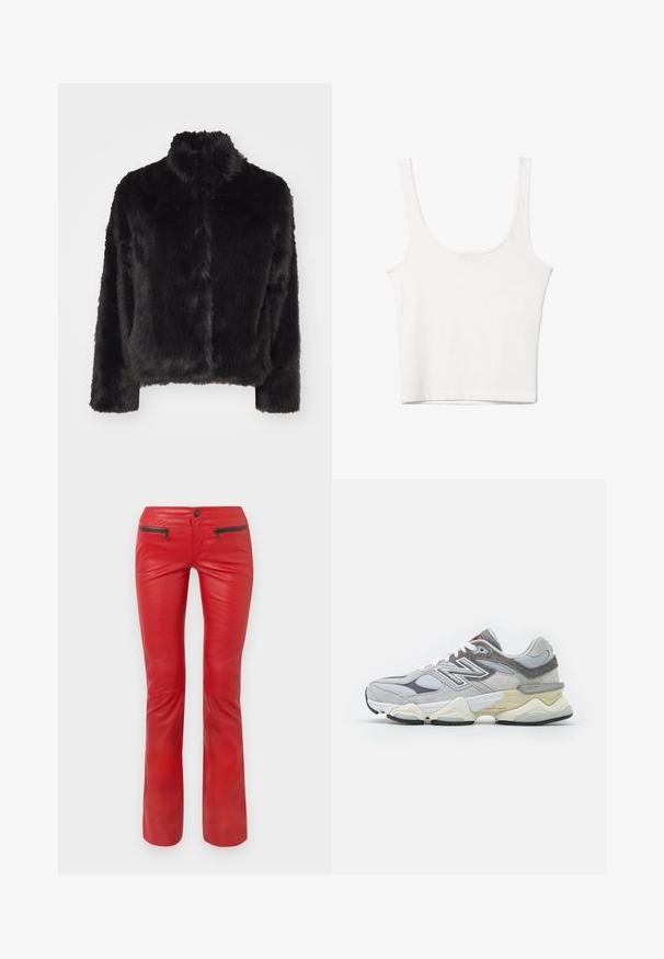 Vero Moda VMMONROE SHORT JACKET - Zimná bunda - black; Biely bavlnený top bez rukávov s okrúhlym výstrihom a priliehavým strihom. Hladká textúra, jednoduchý dizajn a minimálne švy.; Červené kožené nohavice s textúrovaným povrchom, ktoré majú dve zipsové predné vrecká a priliehavý strih, ktorý sa mierne rozširuje pri členku.; Šedé semišové a sieťové tenisky s hrubou bielou a béžovou podošvou, ktoré majú výrazné biele logo a červené akcenty.