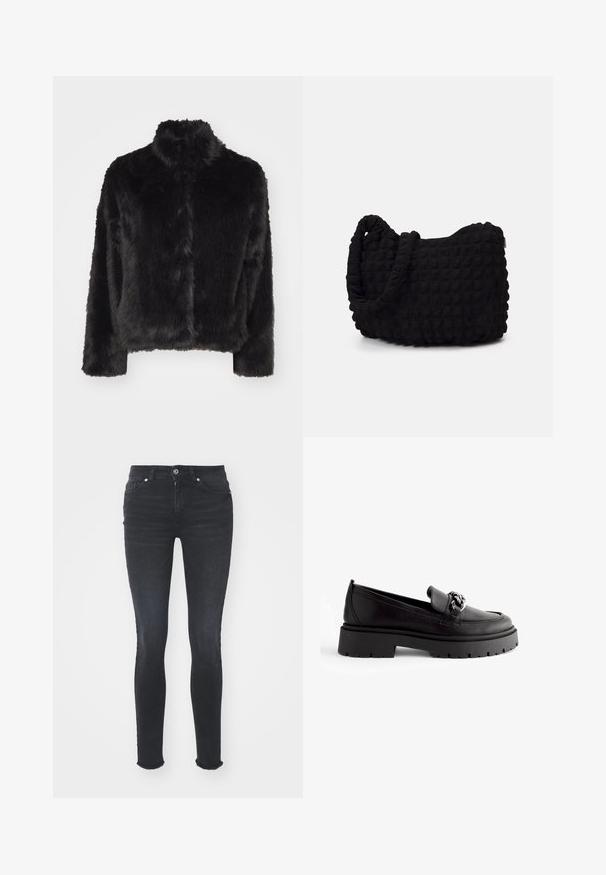 Vero Moda VMMONROE SHORT JACKET - Giacca invernale - black; T-shirt nera a maniche corte con scollatura rotonda, realizzata in morbido tessuto di cotone. Il design è semplice, senza motivi né dettagli.; Jeans skinny in denim nero con vita media, cinque tasche e orlo sfilacciato. Il tessuto ha una texture liscia con leggero elastico.; Mocassini neri in pelle con suola spessa nera, caratterizzati da una larga fascia e minuteria decorativa sulla parte superiore. Design minimalista.; Borsa in tessuto nero con un motivo trapuntato e texture. Forma arrotondata, manici corti e spessi, e una struttura morbida e flessibile.; Orecchini a cerchio in argento con una finitura liscia e lucida. Forma rotonda e chiusura a scatto sicura. Design leggero adatto per l'uso quotidiano.