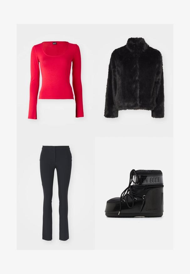 Vero Moda VMMONROE SHORT JACKET - Téli dzseki - black; Piros, hosszú ujjú felső, kerek nyakkivágással, puha, rugalmas anyagból készült. Feszes fazonú és sima tapintású. Nincsenek látható minták vagy díszítések.; Fekete, rugalmas szabású nadrág, sima felülettel, egyenes szabással és kis oldalsó cipzárakkal az alsó részen.; Fekete hócsizmák fényes felülettel, kerek orral, párnázott felsőrésszel és texturált talppal. Fűzőkkel és dombornyomott márkázással a sziken.
