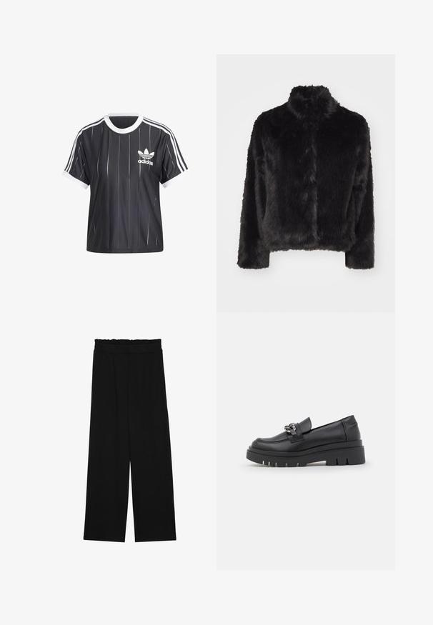 Vero Moda VMMONROE SHORT JACKET - Vinterjakker - black; adidas Originals ADICOLOR 3-STRIPES PINSTRIPE - T-shirts print - black; Sorte brede bukser med en rynket talje, der har to sidelommer og et glat, let stof. Ingen synlige mønstre eller hardware.; Sort loafersko med en kraftig platformsål, glat læderoverdel, dekorativ kædeaccent og let hæl med notched detalje.