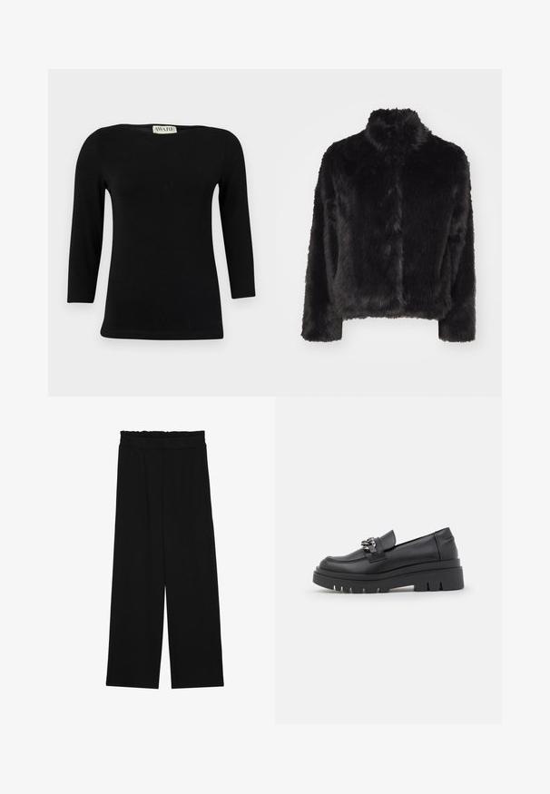 Vero Moda VMMONROE SHORT JACKET - Casaco de inverno - black; Camisola de algodão preta de mangas compridas com decote barco e corte ajustado. Textura suave com um brilho subtil, sem padrões ou detalhes distintos.; Calças largas pretas com um cinto franzido, apresentando dois bolsos laterais e um tecido suave e leve. Sem padrões ou ferragens visíveis.; Shoe preto estilo loafer com sola de plataforma robusta, parte superior em couro liso, detalhe decorativo em corrente e um leve salto com detalhe escavado.