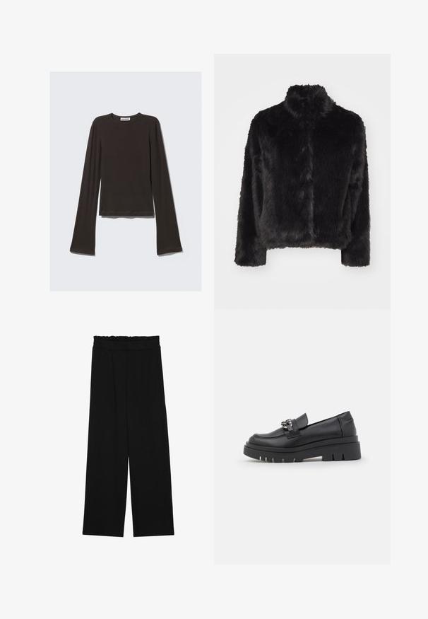 Vero Moda VMMONROE SHORT JACKET - Winter jacket - black; Dark gray long-sleeve shirt made of soft fabric. Features a crew neckline, fitted bodice, and flared sleeves with a smooth texture.; Black wide-leg trousers with a ruffled waistband, featuring two side pockets and a smooth, lightweight fabric. No visible patterns or hardware.; Black loafer-style shoe with a chunky platform sole, smooth leather upper, decorative chain accent, and slight heel with notched detail.