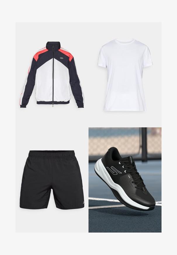 Under Armour ICON TRACK - Μπουφάν προπόνησης - white/black; Λευκό κοντομάνικο μπλουζάκι φτιαγμένο από ελαφρύ ύφασμα. Διαθέτει στρογγυλή λαιμόκοψη και μια διακριτική υφή. Λογότυπο εκτυπωμένο στο μανίκι.; J.LINDEBERG Sports PRESTON SHORTS - Αθλητικό σορτς - black; Μαύρα αθλητικά παπούτσια με υφή στην επάνω πλευρά, λευκές λεπτομέρειες και μαλακή λευκή σόλα. Διαθέτουν κορδόνια και διάτρητο σχέδιο για καλύτερη αναπνοή.