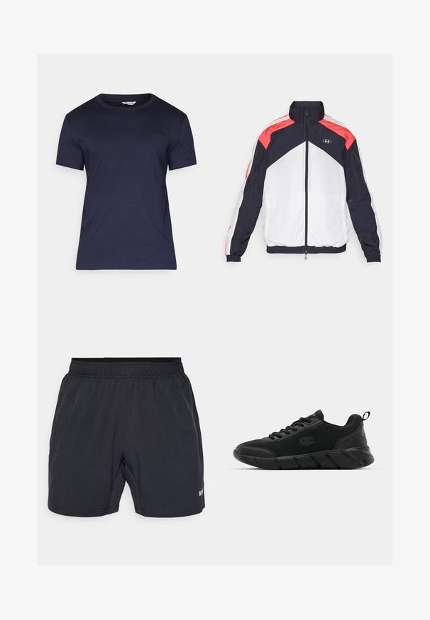 Under Armour ICON TRACK - Treningsjakke - white/black; Mørkeblå t-skjorte med korte ermer i myk stoff, rund hals-design med en subtil svart "BORG" logo på brystet. Har en avslappet passform.; Sorte shorts med elastisk midjebånd, laget av glatt, lett stoff, med en liten logo nederst til høyre.; Sorte svarte treningssko med mesh-overdel, forsterket tå, teksturert mellomsåle og bakre stroppe for enkel påkledning. Logo vist på siden.