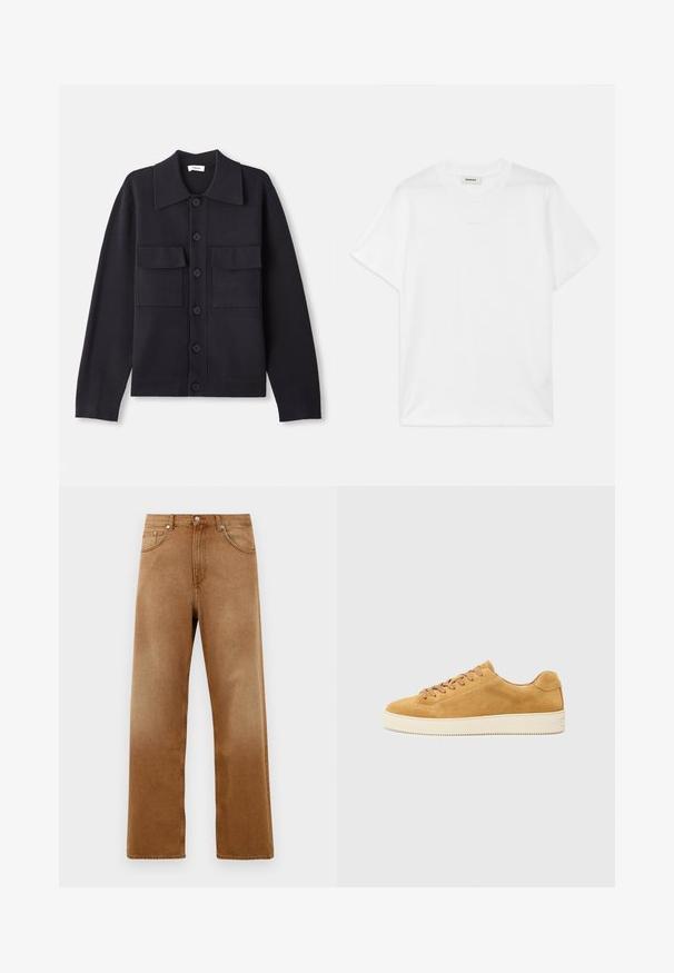 Laivastonsininen neulecardigan, jossa on kaulus, pitkät hihat, kaksi rintataskua ja nappisuljenta. Sujuva pinta ja hyvin istuva malli.; Valkoinen puuvillapaita, jossa on pyöreä kaula-aukko, lyhyet hihat ja hienovarainen logo painettuna etupuolelle. Suora pinta ja yksinkertainen muotoilu.; Ruskot vaaleat farkut leveällä lahkeella ja korkealla vyötäröllä, joissa on kaksi etutaskua, nappikiinnitys ja hienovarainen tekstuuri. Ei näkyviä kuvioita tai yksityiskohtia.; Tan suedesneakerit, joissa on matala profiili, pyöreä kärki ja nauhakiristys etuosassa. Vaalennettua kumipohjaa, jossa on hillitty tekstuuri ja minimaalinen viimeistely.