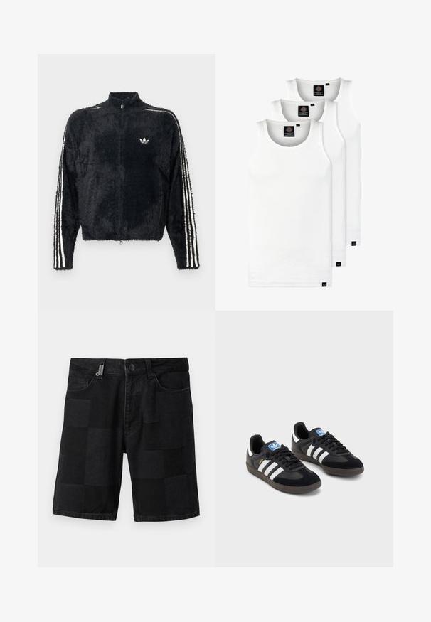 Svart, fluffig jacka med hög krage, full dragkedja och vita tre-randiga detaljer på ärmarna. Har en liten logotyp på bröstet.; Tre vita ribbade linnen i bomull. Har rund halsringning och små svarta etiketter vid fållen. Finns i flera storlekar.; Svarta denimshorts med ett texturerat lapppatch-mönster, fem fickor, knappstängning och gylf med dragkedja.; Svarta sneakers med övre del av mocka och syntetmaterial, med tre vita ränder, texturerad gummisula och blå logotags på tungan.