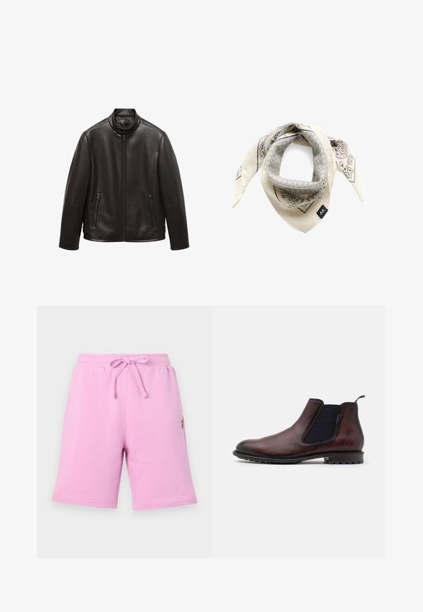 Giubbotto in pelle nera con colletto alto, chiusura frontale con zip e due tasche con zip. Tessuto liscio, vestibilità tailored e senza motivi visibili.; Camicia a maniche lunghe con bottoni di colore viola scuro, con un motivo a griglia bianco e grigio. Presenta un piccolo emblema verde sulla tasca del petto.; Pantaloni corti in cotone rosa con vita elastica e cordino regolabile. Presentano una tasca laterale e un piccolo dettaglio del logo.; Stivale Chelsea in pelle marrone con pannelli elastici laterali, punta rotonda e suola in gomma nera testurizzata. Finitura liscia con un leggero lucido.; Matinique Foulard - off white; Borsa da viaggio in pelle nera con doppie maniglie, accessori in argento e una tracolla regolabile. Texture liscia con chiusura a zip.