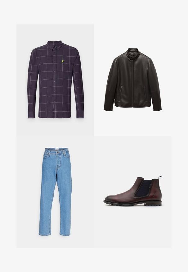 Schwarze Lederjacke mit hohem Kragen, Frontreißverschluss und zwei Reißverschlusstaschen. Glatte Textur, taillierter Schnitt und keine sichtbaren Muster.; Langärmliges Hemd in dunkelpurpur mit einem Gittermuster in Weiß und Grau. Mit einem kleinen, grünen Emblem auf der Brusttasche.; Helle blaue, hoch-taillierte, gerade Jeans mit vorderem Knopf, Reißverschluss, Gürtelschlaufen und Fünf-Taschen-Design auf weißem Hintergrund.; Brauner Leder Chelsea-Stiefel mit elastischen Seitenteilen, runder Zehenpartie und einer strukturierten schwarzen Gummisohle. Glatte Oberfläche mit subtiler Glanz.