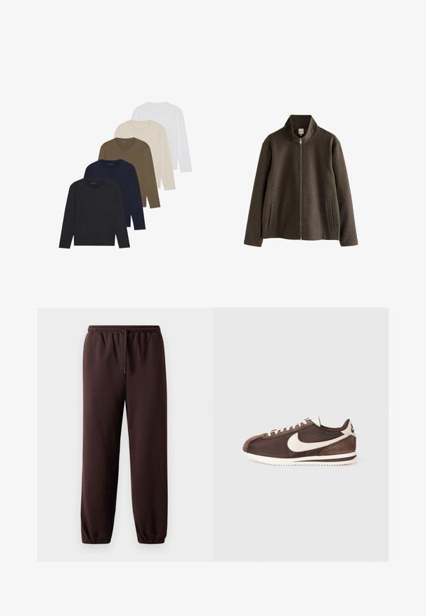 Braune Zip-Jacke mit hohem Kragen, aus strukturiertem Stoff gefertigt. Verfügt über seitliche Taschen und eine gerade Silhouette.; Fünf Langarmhemden in einem Farbverlauf: dunkles Marineblau, Marineblau, olivgrün, beige und weiß. Jedes hat einen Rundhalsausschnitt und eine glatte Textur.; Braune Jogginghosen mit einem kordelzug-verstellbaren Bund, elastischen Bündchen und glattem Baumwollmaterial. Sie zeichnen sich durch eine lockere Passform und ein minimalistisches Design aus.; Brauner Sneaker aus einer Mischung von Wildleder und Canvas-Materialien, mit einem weißen Nike-Swoosh-Logo und einer strukturierten Gummisohle.