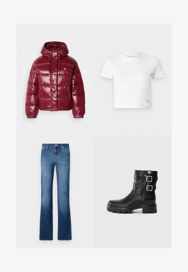 Burgundia värvi puhvjakkk, mis on läikiva viimistlusega, reguleeritava kapuutsiga ja kahe esipocketiga. Omab brodeeritud logo ülemises vasakus nurgas.; Valge lühike t-särk, mis on valmistatud siledast puuvillast, kõrge kaelusega ja lühikeste varrukatega. Väike tikand logoga alumises nurgas.; Sinise denimist vooderdatud flared teksad klassikalise viie taskuga disainiga, millel on pleekinud pesu, kuldne niit ja nööbiga kinnitus vöökohtadel.; Mustad mustat nahast pahkluumudud, kahekordsete põhjakaunistustega, lukuga sulgemine, paksud tallad ja sile tekstuur. Omab robustset ja stiilset disaini.