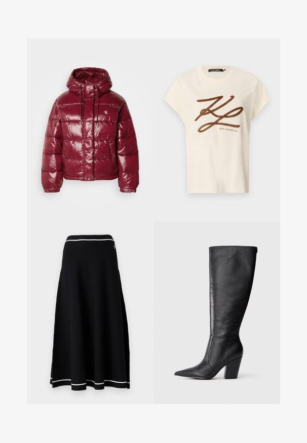 Burgundska napihljiva jakna z bleščečo površino, nastavljivo kapuco in dvema sprednjima žepoma. Ima vezeno logo na zgornji levi strani.; Kremna bombažna majica s kratkimi rokavi, z rjavim izvezenim logotipom in besedilom na sprednji strani.; Črna pletena krila s flared silhueto, ki ima bel rebrast pas in bele akcentne črte na robu. Gladka tekstura.; Črne usnjene škornje do kolen s koničastim nosom in debelim visokim peto, prikazane v levem bočnem profilu na beli podlagi.