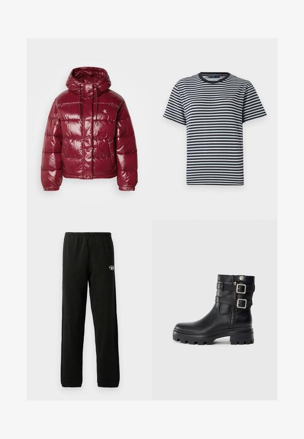 Casaco puffer bordô com acabamento brilhante, capuz ajustável e dois bolsos frontais. Apresenta um logótipo bordado no lado superior esquerdo.; T-shirt às riscas com riscas horizontais em preto e branco, decote redondo e mangas curtas. Feita de tecido leve e macio.; Calças de treino pretas com cintura elástica e punhos. Inclui um pequeno logótipo na coxa. Feitas de um tecido suave e liso.; Botim de tornozelo em pele preta com detalhes de fivela dupla, fecho de zíper, sola espessa e textura lisa. Apresenta um design robusto e estiloso.