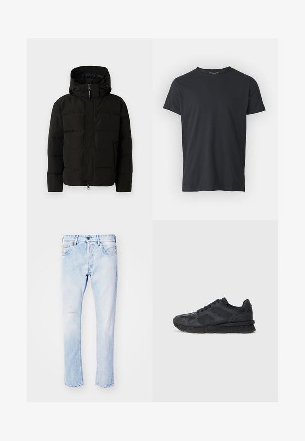 Crna puf jakna s kapuljačom, koja ima prednji zatvarač, elastične vrpce i prošivenu strukturu za izolaciju. Glatka tekstura.; Crna majica kratkih rukava od pamuka, s okruglim izrezom i ravnim krojem. Glatka tekstura bez vidljivih uzoraka ili logotipa.; Svijetloplave traperice ravnog kroja, sa istaknutim oštećenjima na prednjoj strani, pet džepova i standardnim zatvaranjem na patentni zatvarač.; Replay ARTHUR ATOM - Tenisice - black