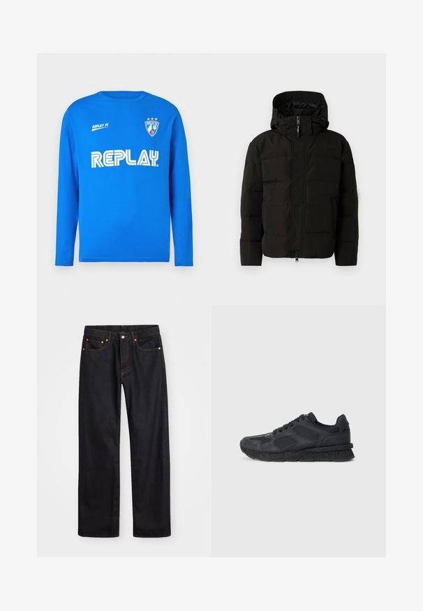 Čierna nafukovacia bunda s kapucňou, so zipsom na prednej strane, elastickými šnúrkami a prešívaným dizajnom na izoláciu. Hladká textúra.; Dlhý rukáv modré tričko vyrobené z bavlny s okrúhlym výstrihom, s bielym logom "REPLAY" a textom "REPLAY FC", a s logom štítu so tromi hviezdami.; Pánske rovné čierne riflové nohavice s piatimi vreckami a oranžovým prešívaním, s gombíkom a zipsom na prednom páse.; Replay ARTHUR ATOM - Tenisky - black