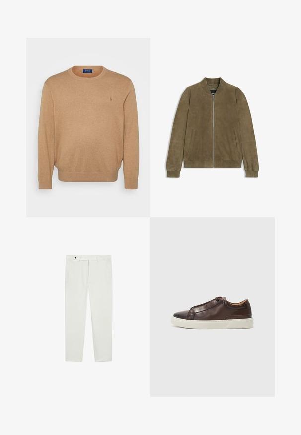 Bomberka z zamszowej skóry w kolorze oliwkowym z zapięciem na zamek, żebrowanym kołnierzem i mankietami oraz bocznymi kieszeniami. Gładka faktura i minimalistyczny design.; Beżowy sweter z okrągłym dekoltem, wykonany z miękkiego materiału, z prążkowanym dekoltem i mankietami, z małym haftowanym logo na piersi.; Białe bawełniane spodnie o dopasowanym kroju, z zapięciem na guzik, dwoma bocznymi kieszeniami i minimalnymi detalami szycia.; Brązowe skórzane trampki z zaokrąglonym noskiem, kontrastującą białą gumową podeszwą, stębnowanymi akcentami i bez widocznych sznurówek. Gładka tekstura ogólna.