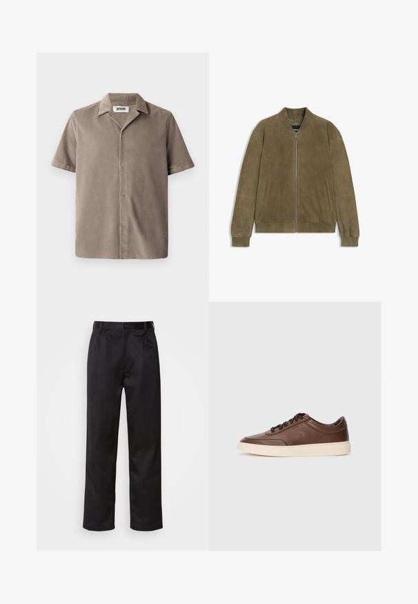Giacca bomber in suede verde oliva con chiusura a zip, colletto e polsini a costine e tasche laterali. Texture liscia e design minimalista.; Camicia a maniche corte in corda marrone chiaro, con colletto a punte, chiusura frontale con bottoni e una vestibilità rilassata con una sottile texture.; Pantaloni neri realizzati in tessuto morbido, con chiusura frontale a bottone, pieghe e gambe dritte. Nessun motivo o accento visibile.; Sneaker in pelle marrone con finitura liscia, punta rotonda e suola in gomma crema. Presenta lacci neri e un branding sottile sui lati.