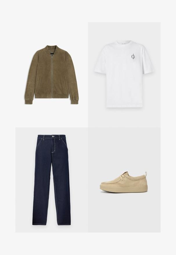 Olive green suede bomber jacket with a zip closure, ribbed collar and cuffs, and side pockets. Smooth texture and minimalist design.; White cotton t-shirt with a relaxed fit, featuring a small black graphic logo on the left chest area. Short sleeves, crew neck style.; Dark blue denim trousers with a straight leg design, featuring contrast stitching, a button front closure, and traditional five-pocket styling.; Beige suede slip-on shoes with a rounded toe, minimal stitching, and a rubber sole. Soft texture with a subtle brand accent at the heel.