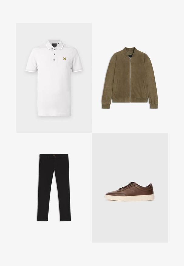 Olivgrön mocka bomberjacka med dragkedjestängning, ribbat krage och ärmslut samt sidofickor. Slät textur och minimalistisk design.; Vit pikétröja i bomull med treknappslås, korta ärmar och en gul broderad logotyp på vänster bröst.; Svarta byxor gjorda av tyg med en slät textur. Har en knäppning med knapp, bälteshällor och sidofickor. Standard rakt ben-design.; Bruna lädersneakers med slät yta, rund tå och krämfärgad gummisula. Har svarta snören och diskret branding på sidan.