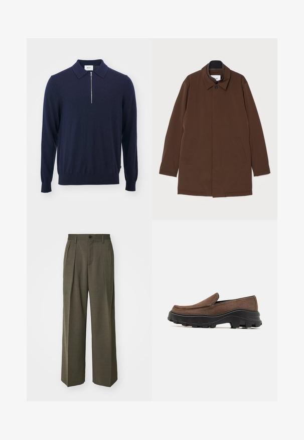 Manteau extérieur marron avec une coupe droite, col pointu, deux poches latérales et une fermeture à un seul bouton. Texture de tissu lisse.; Pull en maille bleu marine avec un design à col, doté d'une fermeture à zip demi-longueur et de poignets côtelés, fabriqué à partir d'un matériau doux et lisse.; Filippa K WIDE TROUSERS - Pantalon classique - driftwood; Chaussure slip-on en daim marron avec une semelle en caoutchouc noir épaisse dotée de motifs de traction audacieux et d'un design de bout arrondi et lisse.