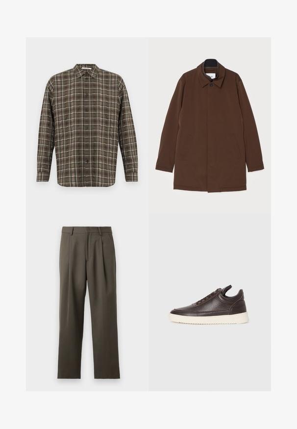 Rjav nadstrešen plašč s ravnim rezom, točkastim ovratnikom, dvema stranskima žepoma in enim gumbom za zapiranje. Gladka tekstura tkanine.; Rjava in rjavo-bež karo srajca z dolgimi rokavi, ovratnik razprte oblike, sprednja zapenjanja z gumbi ter manšete z enim gumbom. Lahka tkanina z rahlim sijajem.; Hlače v temno olivno zeleni barvi, prilegajoča se kroja, z naborkom spredaj, lahka tkanina, ravne noge, z gladko teksturo in brez vidnih okrasnih elementov.; Temno rjava textured usnjena superga z vezalkami in belim rebrastim gumijastim podplatom na enostavni svetli podlagi.