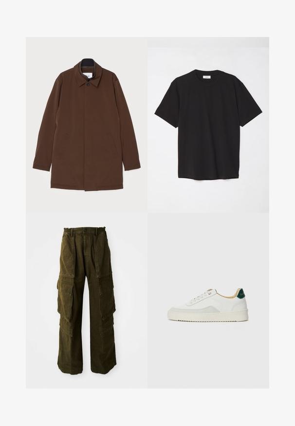Brun yderjakke med lige snit, spids krave, to sidelommer og enkelt knaplukning. Glat stofstruktur.; Sort bomulds T-shirt med rund hals, korte ærmer og en afslappet pasform. Enkel design, glat tekstur og ingen synlige mønstre eller logoer.; Cargo bukser i mørke olivengrønne, lavet af tekstureret bomuld. Har en elastisk talje, flere sidelommer og en løs pasform.; Hvide sneakers med ruskindsdetaljer, rund tå, flade snørebånd og en cremet gummisål. Har grøn branding på hælen.