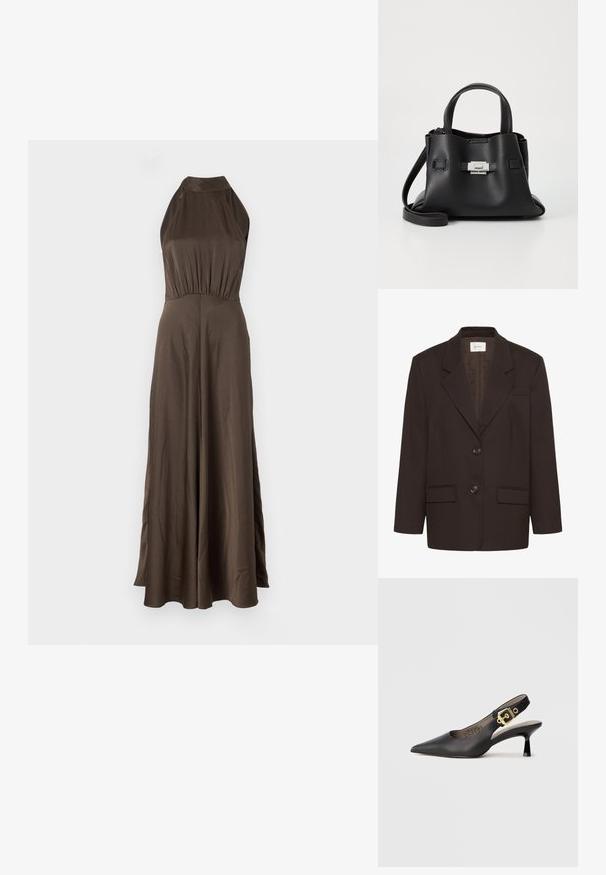 Sötétbarna zakó, amelyen részletezett benne egy gombos nyak, két elülső zseb fedéllel, két gombbal és egy mellkasi zsebbel a Gestuz-tól.; Barna maxi ruha, nyakba akasztós kivágással, testhez simuló felsőrésszel és lebegő szoknyával. Simább, könnyű anyagból készült, enyhe fényű.; Fekete slingback magassarkú cipő hegyes orral, sima bőrfelülettel és aranyszínű csat díszítéssel a pánton.; Fekete bőr kézitáska struktúrált felülettel, két felső fogantyúval, levehető vállpánttal és ezüst színű csattal.; Fekete bőr kézitáska struktúrált felülettel, két felső fogantyúval, levehető vállpánttal és ezüst színű csattal.