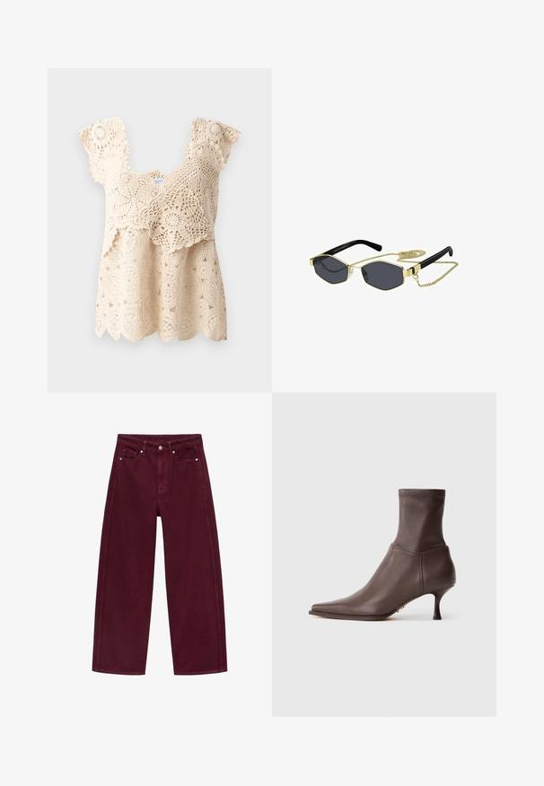 Tmavě hnědý sako s klopami, dvěma předními kapsami s klopami, dvěma knoflíky a náprsní kapsou od Gestuz.; Béžový háčkovaný top s volánovým lemem, květinovými vzory a krátkými, nařasenými rukávy. Obsahuje složité krajkové detaily po celé látce.; Burgundské široké džíny vyrobené z denimové bavlny, s designem se čtyřmi kapsami a kovovým zapínáním s odpovídajícím prošíváním.; Hnědé kožené kotníkové boty s špičatou špičkou a štíhlým středně vysokým podpatkem na bílém pozadí.; Osmiboké sluneční brýle s tmavými čočkami, zlatými kovovými detaily a černými plastovými stranami; obsahují odnímatelný zlatý řetízek.; Černá semišová kabelka s hladkým koženým obratlem, dvojitými zaoblenými uchy, odnímatelným popruhem a kovovým zipovým uzávěrem. Logo embosované na přední straně.