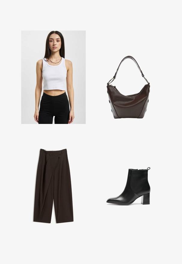 Dunkelbrauner Blazer mit Reverskragen, zwei vorderen Klappentaschen, zwei Knöpfen und einer Brustleistentasche von Gestuz.; Weißes, kurzes Tanktop mit gerippter Textur und weitem Ausschnitt, kombiniert mit schwarzen, hoch taillierten Leggings und einer silbernen Kettenhalskette.; Dunkelbraune, weite Hosen mit hohem Bund, die über einen einzigen Knopfverschluss und eine gefaltete Vorderseite verfügen. Hergestellt aus leichtem Stoff.; Schwarze Leder-Ankle-Boots mit runder Spitze, moderatem Blockabsatz und einer Schlaufe an der Rückseite. Glatte Textur, minimales Design.; Dunkelbraune Lederhandtasche mit geschwungener Form, Reißverschlussverschluss und kurzem Griff. Sie verfügt über Metallbeschläge und dekorative schwarze Knöpfe an der Seite.