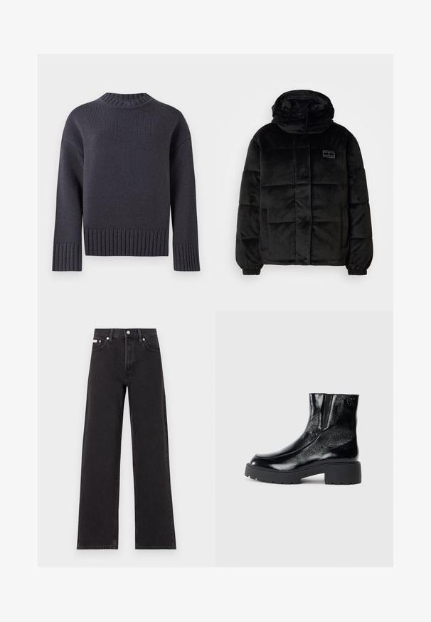 Juodas pūkinis paltas, pagamintas iš minkštos, tekstūruotos medžiagos. Turi aukštą apykaklę, mygtukų užsegimą ir siūtas paneles. Įrengti šoniniai kišeniai.; Jūros mėlynumo megztinis su aukštu briaunotu kaklu, plačiais briaunotais rankogaliais ir apvadu. Turintis laisvą siluetą ir tekstūruotą audinį.; Juodos plačios kojų džinsai, pagaminti iš džinsinio audinio, su aukštu liemeniu, penkių kišenių stiliumi ir metaline sagte su kontrastingo siuvimo detalėmis.; Juodi kulkšniniai batai su blizgia lakuota oda, storu juodu guminio pado ir pakeltu kulnu; šone yra subtilus logotipo detalė.