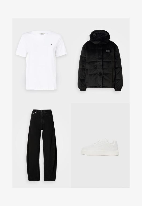 Svart dunjakke laget av myk, teksturert stoff. Har høy krage, knappelukking og sydd paneler. Inkluderer sidelommer.; Hvit bomulls t-skjorte med korte ermer, rund hals og en liten brodert logo på brystet. Glatt tekstur og klassisk passform.; Svarte denimbukser med bred benvidde og høy midje, med knappestolpe, fem lommer og minimale sømdetaljer.; Hvite lave sneakers med flat såle, glatt syntetisk overdel, rund tå og tonede sømmer. Har snøring og sidebranding.