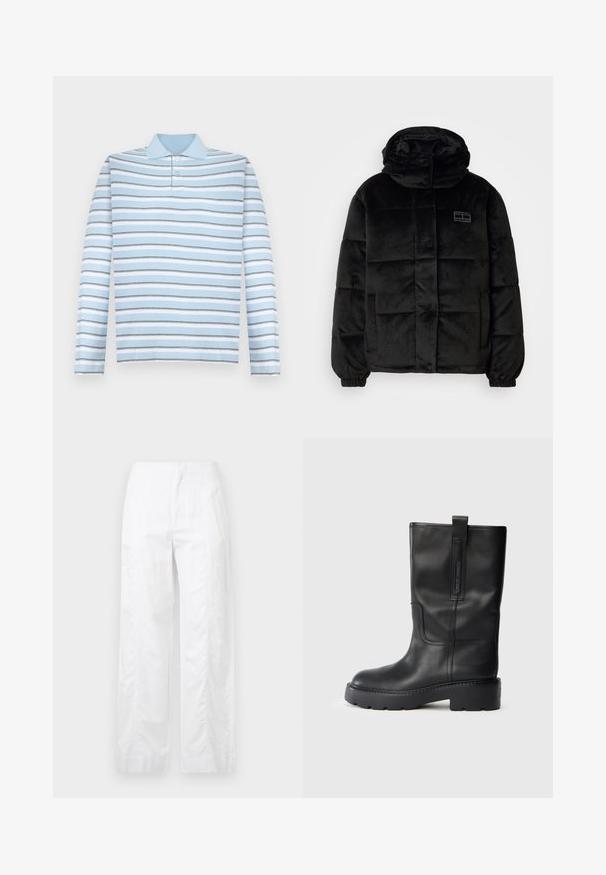 Black puffer jacket made of soft, textured fabric. Features a high collar, button closure, and stitched panels. Includes side pockets.; Light blue long-sleeve polo shirt with horizontal gray and white stripes and a collared neckline.; White wide-leg trousers made of lightweight fabric, featuring a smooth texture, clean lines, and a high waist design.; Black leather knee-high boots with a sleek design, featuring a thick sole and a side pull tab for easy wear. Notable stitching accents.